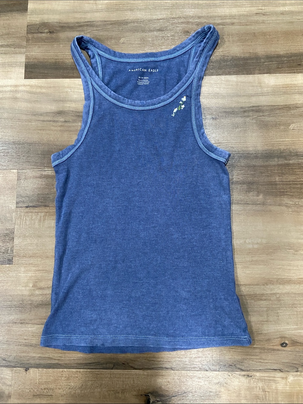 American Eagle Outfitters Blue Ribbed Racerback Tank with Floral Accent